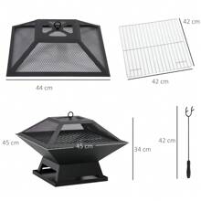 Outsunny Feuerschale mit Funkenschutz Grillrost Schürhaken Feuerkorb Feuerstelle für Garten Camping BBQ Stahl Schwarz 45 x 45 x 34 cm