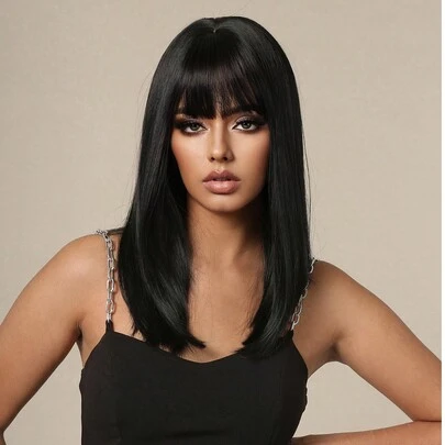 14-34 英寸女士黑色假发，自然黑色刘海假发，女士直发假发，Wednesday Wig 65.3 厘米长直发耐热合成假发，适合时尚女性哥特 Y2K 风格