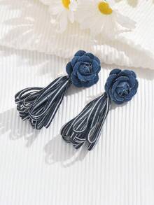 1對女士布質流蘇花朵耳環 - 藏蓝色 - 查看 2