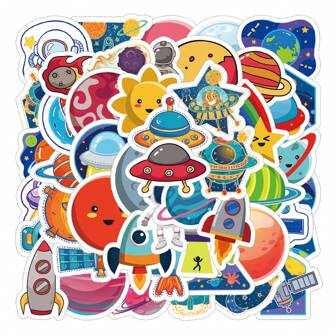 50张太空漫步贴纸，航天器和宇航员涂鸦防水乙烯基贴纸，适用于水瓶、笔记本电脑、手机、滑板、吉他、行李箱、剪贴簿、头盔、派对装饰和礼品