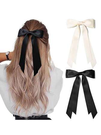 2pcs Women Elegant Chic Simple 13cm Black/White Ribbon Bow Hair Clips, Suitable For Daily, Festive, Commute Wear Claw Clips Hair Claws Hair Barrettes, School Stuff, College, Winter Outfit For Women, Bows, Cute