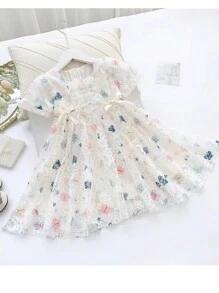 少女新款夏季時尚蝴蝶結蕾絲連衣裙 - 白色 - 查看 3