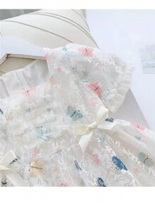 少女新款夏季時尚蝴蝶結蕾絲連衣裙 - 白色 - 查看 4