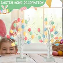2 Pcs Easter Egg Tree, 22 Inch Lighted Easter Tree Battery Operated USB With Timer, LED Birch Tree Tabletop Centerpiece Light For Easter Decorations (Set Of 2) - White small tree/color pendant - View 1