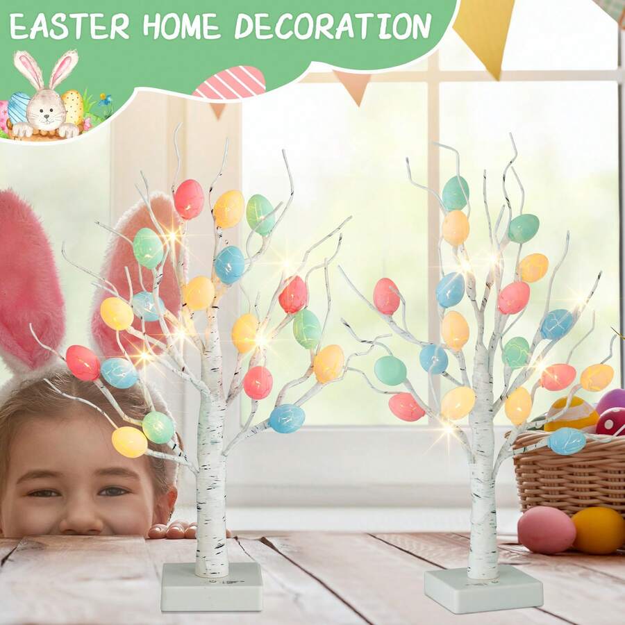 2 Pcs Easter Egg Tree, 22 Inch Lighted Easter Tree Battery Operated USB With Timer, LED Birch Tree Tabletop Centerpiece Light For Easter Decorations (Set Of 2) - White small tree/color pendant - View 1