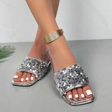 French-Style Rhinestone Fairy Shoes With Flat Heel, Open Toe, Suitable For Outdoor & Summer, Sparkly Low Heel Slippers, Fashionable & Versatile & Sexy - Silver - View 5