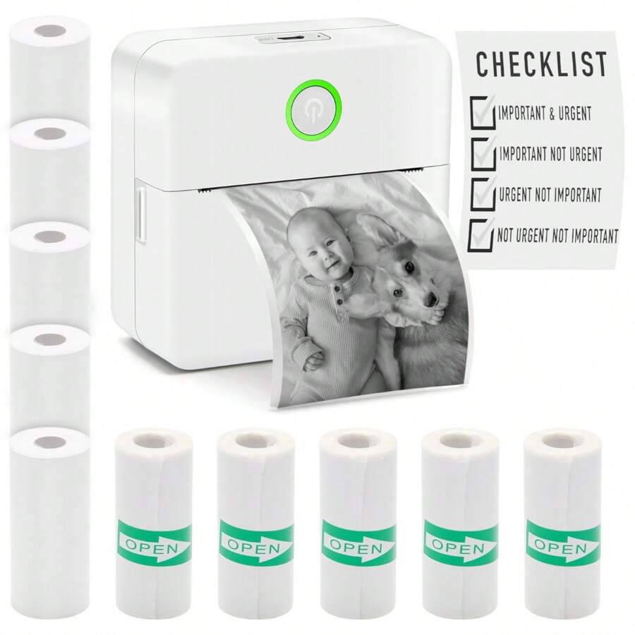 Portable Mini Thermal Printer With 10Rolls Paper Wirelessly BT 203dpi Photo Label Memo Wrong Question Printing With USB Cable Imprimante Portable - White - View 1