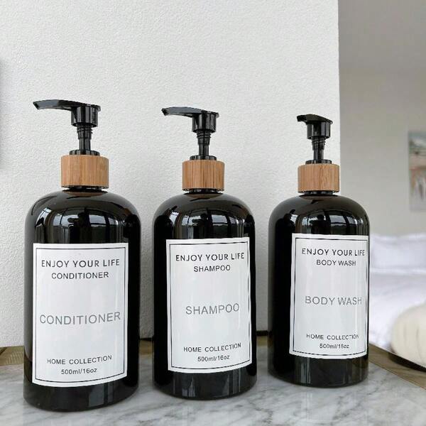 Package Of 3 Black Rounded Plastic Bottles With Bamboo Pump, Reusable And Waterproof Stickers, Used For Liquid Dispenser For Body Lotion, Hand Cream, Soap Or Other Hygiene And Beauty Products Like Bath Gel And Shampoo, 500ml/16oz Capacity, Suitable For Vanity Top, Bathroom Counter, Soap Or Lotion Dispenser, Reusable Refillable Empty Container, Home Decor, Bathroom Accessory. Home Bathroom Decor Fall Decor Back To School