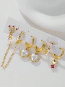 Shescity 1 套 5 件精美皇冠爱心仿珍珠耳环和耳钉套装适合女士日常休闲宴会穿着 - 金黃色 - 查看 2