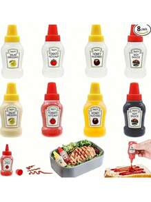 P1/ 4/8pcs Botol Saus Mini Portabel, Dispenser Saus Salad dan Saus Tomat, Botol Plastik Peras, Wadah Bumbu, Pola & Warna Acak - MultiWarna - View 4