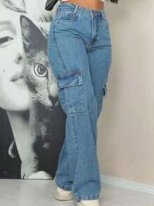 Wide Leg Cargo Jeans - Medium Wash - View 2
