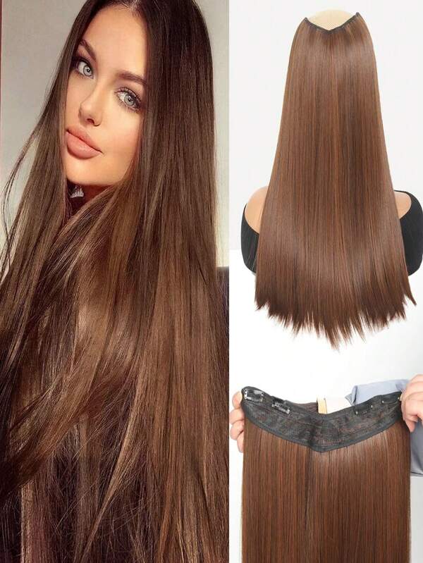 أمتدادات الشعر الاصطناعي ذات الشكل الخطي ذات الشعر المستقيم المشبك بطول 20/24/28 إنش، 4 مشابك للنساء يتحمل الحرارة و يستخدم في الحياة اليومية (البني الفاتح) باروكة