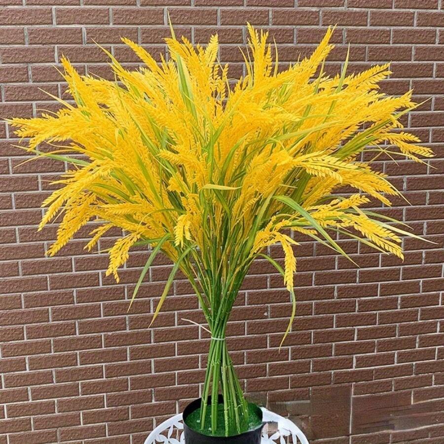 2Pcs Garden Wind Simulation Plant Rice Ear Fake Rice, Artificial Grass Seedlings Plastic Rice Ear Golden And Green, Long 5 Forks Rice Ear Barley, Wheat Bouquet Props, Suitable For Outdoor Decoration - Yellow - View 1
