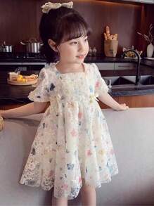 少女新款夏季時尚蝴蝶結蕾絲連衣裙 - 白色 - 查看 7