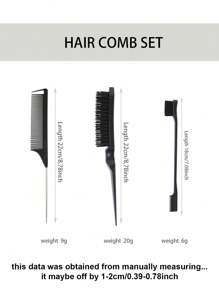 3 件套顺滑发型梳套装，包含 1 把边缘梳、1 把普通梳子和 1 把尖尾梳，以及一把用于抚平毛躁、打造柔顺发型的蓬松梳。黑色情人节礼物，美发造型工具，发饰 - 黑色 - 查看 2