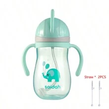 SAIDAH 11.83Oz 350ml V Shape Straw Sippy Cup Infant Baby Slide Lid Training Drinking Water Bottle Cups Cartoon Style Pattern Design