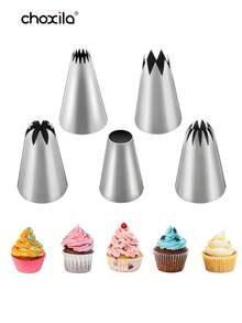 choxila 5pcs Large Piping Tips Set, Stainless Steel Frosting Piping Kit, Pastry Cake Decorating Tips Baking Tools For Cake Cupcake Decorating Kit - Silver - View 1