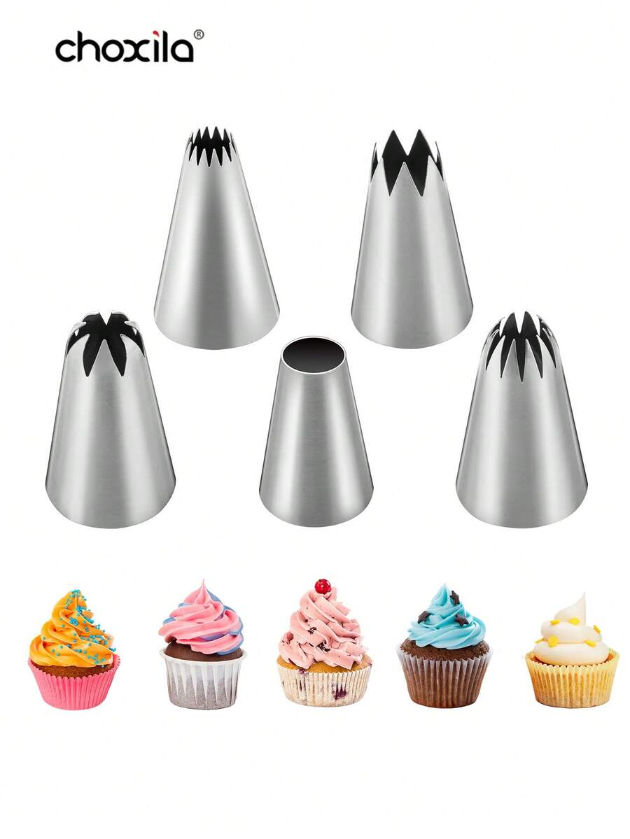 choxila 5pcs Large Piping Tips Set, Stainless Steel Frosting Piping Kit, Pastry Cake Decorating Tips Baking Tools For Cake Cupcake Decorating Kit - Silver - View 1
