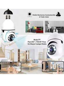 Chimexhy  Bombilla LED Cámara de seguridad inalámbrica Wifi HD 1080p Cámara de videovigilancia inteligente con inteligencia artificial con luz nocturna, inclinación panorámica de 360 ​​​​grados