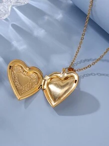 1入組心形小盒墜子吊墜情侶項鍊帶照片插頁 - 金黃色 - 查看 1