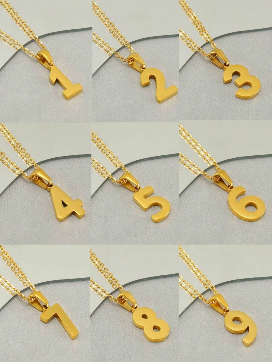 1piece Gold Plated Stainless Steel 0-9 Number Pendant Necklace For Women Men Daily Wear
