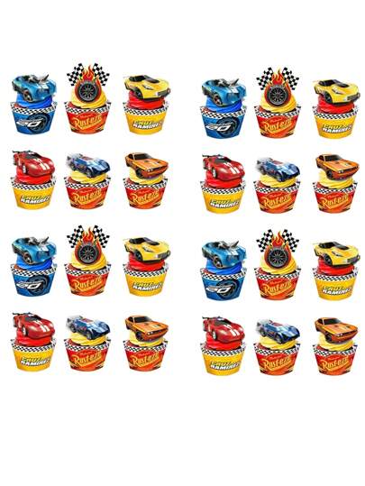 24 قطعة ديكور كعكة سباق السيارات، طبق كعكة بعجلات سوداء وبيضاء، شكل علم الخيوط لتزيين كب كيك، هدايا للحفلات، لجميع المناسبات والأعياد مثل