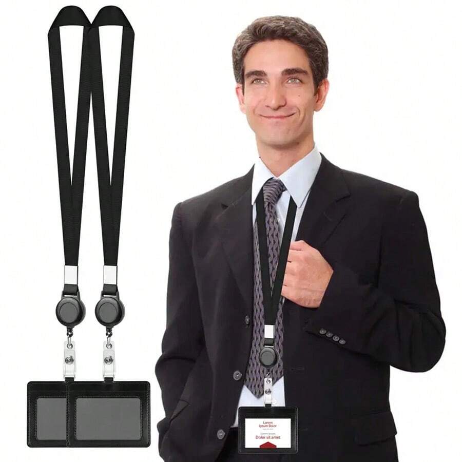 Work Badge Holder With Retractable Reel, Id Card Lanyard With Detachable Buckle, Name Tag With Clip For Office Worker - Black - View 1