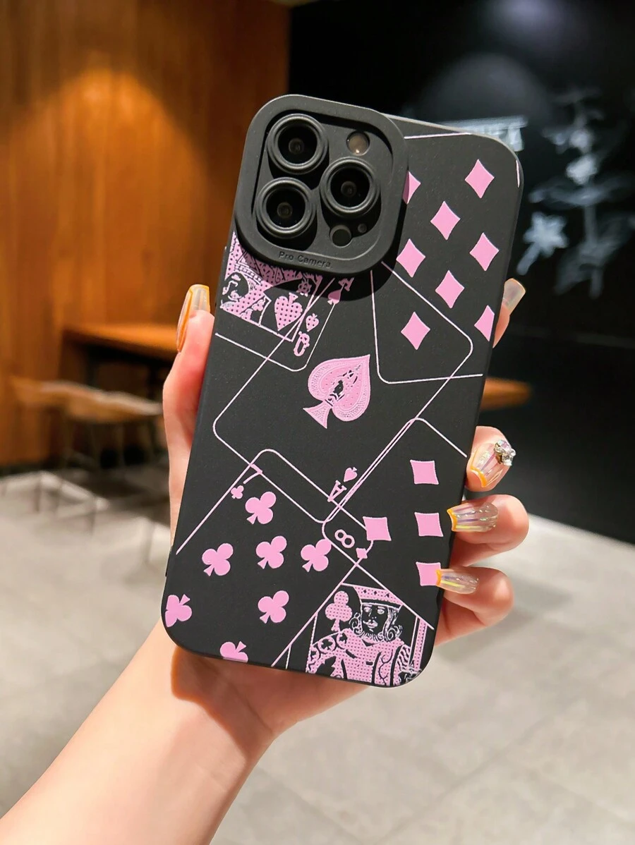 1pc Black Anti-Drop Camera Protection TPU Poker Cards Case Compatible With Apple Phone - Black - View 1