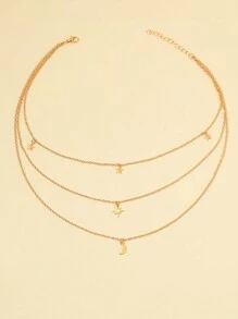 1 Pieza Collar Minimalista De Triple Capa Con Estrella Y Luna - Amarillo Oro - Ver 4
