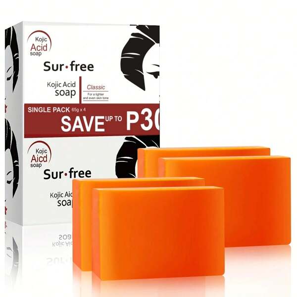 Surfree Lemon Kojic Acid Soap 4 Pcs - Revitalize & Glow: Exfoliate, Moisturize, Even Skin Tone - Suitable For All, Face & Body
