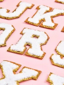 26pcs Blue Felt Fabric Iron-On Letter Patches With Gold Border For Clothing Accessories, DIY Crafting, Sewing