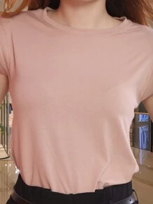LXC T-shirt Cropped Feminina,casual fit em torno do pescoço cor sólida blusa - Bege - Visão 6