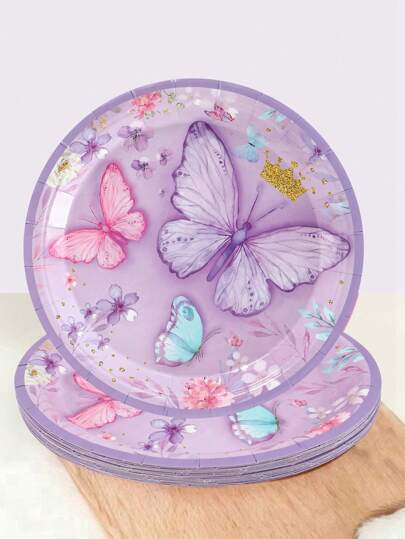 Set de 8 piezas Platos de papel desechables de 7 pulgadas con estilo de mariposa púrpura, para fiestas de cumpleaños, bodas, familiares y festividades, también para viajes y picnics al aire libre