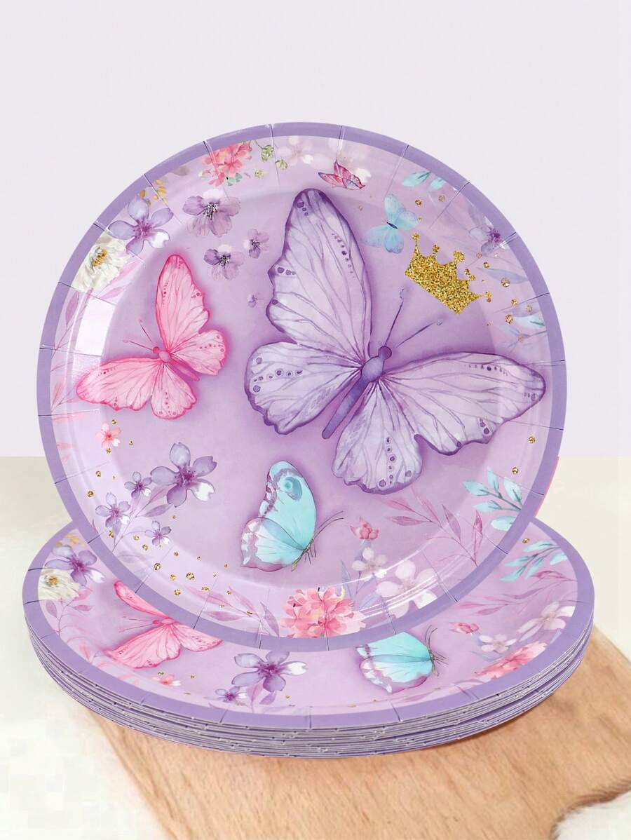 8 件/套 7 英寸紫色蝴蝶风格派对盘子，生日婚礼家庭节日派对一次性纸盘，一次性盘子，户外旅行野餐餐具 - 紫色 - 查看 1