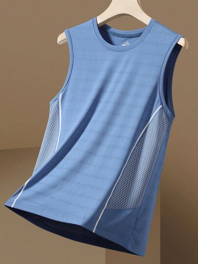 Men's Solid Color Printed Round Neck T-Shirt, Lightweight Casual Outdoor Running Cycling Fitness Basketball Sports Tank Top Summer