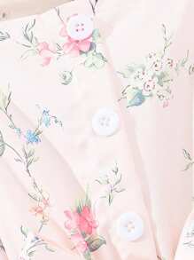 少女夏季短袖花卉印花休閒連衣裙，配腰帶 - 粉色 - 查看 5