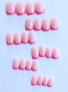 Upgrade Your Look With 24pcs Short Square Rose Red French Style Fake Nail & 1pc Nail File & 1sheet Tape Press On Nails Nail Supplies