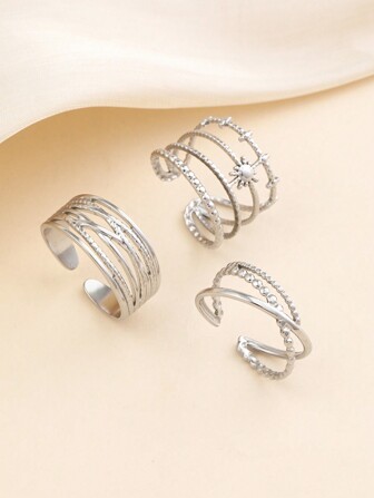 3pcs Stainless Steel Golden Yellow Open Adjustable Fashion Decorative Rings, Suitable For Daily Decoration Or Gift Giving