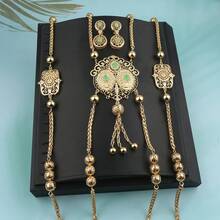 1條項鍊和1對耳環的豪華新娘珠寶套裝,摩洛哥鍍金長粗頸鍊,水晶肩鏈和水滴形吊墜耳環,婚禮飾品 - 金色 - 查看 3