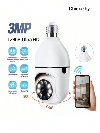 Chimexhy  Bombilla LED Cámara de seguridad inalámbrica Wifi HD 1080p Cámara de videovigilancia inteligente con inteligencia artificial con luz nocturna, inclinación panorámica de 360 ​​​​grados
