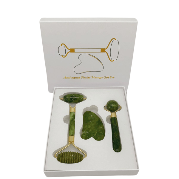 Kit De Masajeador Facial De Jade, 1 Pieza De Varilla De Rodillo De Doble Cabeza Para Alivio De Hinchazón Y Levantamiento Facial Con 3 Pieza De Raspador Facial, Máquina De Terapia Manual De Tonificación Facial De Cuidado De La Piel Multifuncional Para El Hogar, Rodillo De Masaje De Acupresión Para Contorno De Piel Y Tensión.