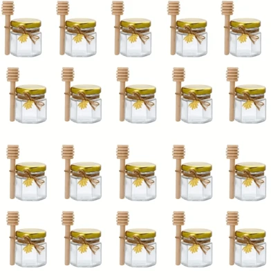 1.5oz Hexagon Mini Glass Honey Pot - 20/30/50/60pcs/Set Honey Jars With Wooden Dipper, Gold Lid, Bee Pendant, Burlap - Perfect For Baby Shower, Wedding Favors, Party Gifts
