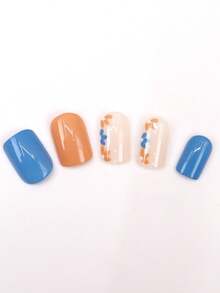24 Peças Dicas De Arte De Unha Quadrada Azul Com Delicada Impressão Floral, Unhas Falsas Para Um Look Elegante E Charmoso - Azul - Visão 5