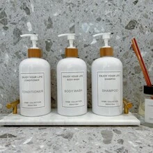 Bộ 3 chai tròn màu trắng có vòi bơm bằng tre - Chai chiết kem dưỡng da có thể nạp lại cho dầu gội, dầu xả và sữa tắm có nhãn dán chống thấm nước - Chai bơm nhựa lớn 500ml/16oz cho sữa dưỡng thể, kem dưỡng da tay và xà phòng lỏng - Chai chiết trên mặt bàn cho tủ đựng đồ phòng tắm, vòi bơm xà phòng trong bồn rửa mặt và chai rót có thể nạp lại cho đồ trang trí nhà cửa và phụ kiện phòng tắm Trang trí phòng tắm tại nhà Trang trí mùa thu Trở lại trường - Trắng - Xem 1