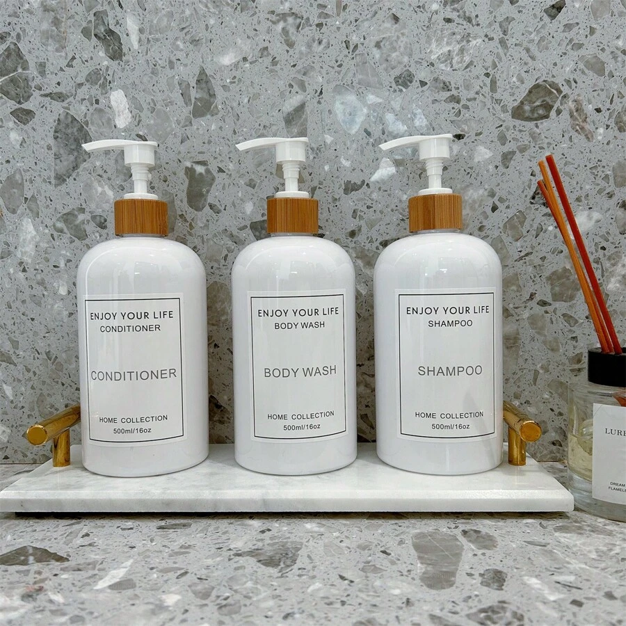 Bộ 3 chai tròn màu trắng có vòi bơm bằng tre - Chai chiết kem dưỡng da có thể nạp lại cho dầu gội, dầu xả và sữa tắm có nhãn dán chống thấm nước - Chai bơm nhựa lớn 500ml/16oz cho sữa dưỡng thể, kem dưỡng da tay và xà phòng lỏng - Chai chiết trên mặt bàn cho tủ đựng đồ phòng tắm, vòi bơm xà phòng trong bồn rửa mặt và chai rót có thể nạp lại cho đồ trang trí nhà cửa và phụ kiện phòng tắm Trang trí phòng tắm tại nhà Trang trí mùa thu Trở lại trường - Trắng - Xem 1