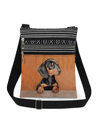 Cute Cartoon Sausage Dog Pattern Cross-Body Bag, Unisex Reusable Shoulder Bag With Kawaii Dog Print For Storage, Party Favor Gift For Dog Lovers, Sausage Dog Bag, Creative Christmas Gift Ideas