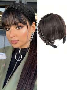 Cortina Postiza De Flequillo Sintético Con Banda De Trenzas De Flequillo Ordenadas Y Diadema Resistente Al Calor, Extensiones De Cabello Flequillo Para El Cabello - Natural Black - Ver 2