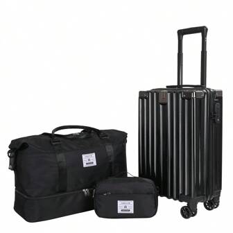 3pcs Suitcase + Tote Bag Travel Set, Large Capacity - Deep Grey/Black, 20" Carry-On Luggage With Hanging Hook, For Students, Honeymoon Trip, College, Family Bag For School School Accessories School Stuff