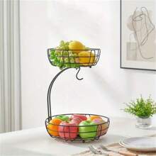 1pc Metal Fruit Basket, Double Layer Drainable Basket, Detachable Black Tier Fruit Basket With Banana Hanger Large Capacity Fruit Bowl For Kitchen Countertop Stylish Hanging Storage,Vegetable Fruit Tools,Kitchen Items,Cutter,Food,Salad,Decor,Storage,Party,Birthday. - Black - View 3