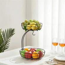 1pc Metal Fruit Basket, Double Layer Drainable Basket, Detachable Black Tier Fruit Basket With Banana Hanger Large Capacity Fruit Bowl For Kitchen Countertop Stylish Hanging Storage,Vegetable Fruit Tools,Kitchen Items,Cutter,Food,Salad,Decor,Storage,Party,Birthday. - Black - View 2